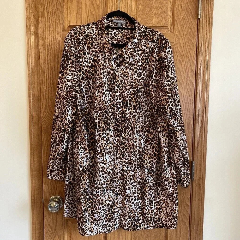 Jessica London Womens 30W Cheetah Animal Print Button Down Tunic Shirt